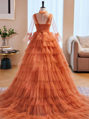 Unique High Neck Tulle Long Prom Dresses For Black girls For Women, Orange Formal Evening Dresses