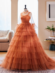 Unique High Neck Tulle Long Prom Dresses For Black girls For Women, Orange Formal Evening Dresses
