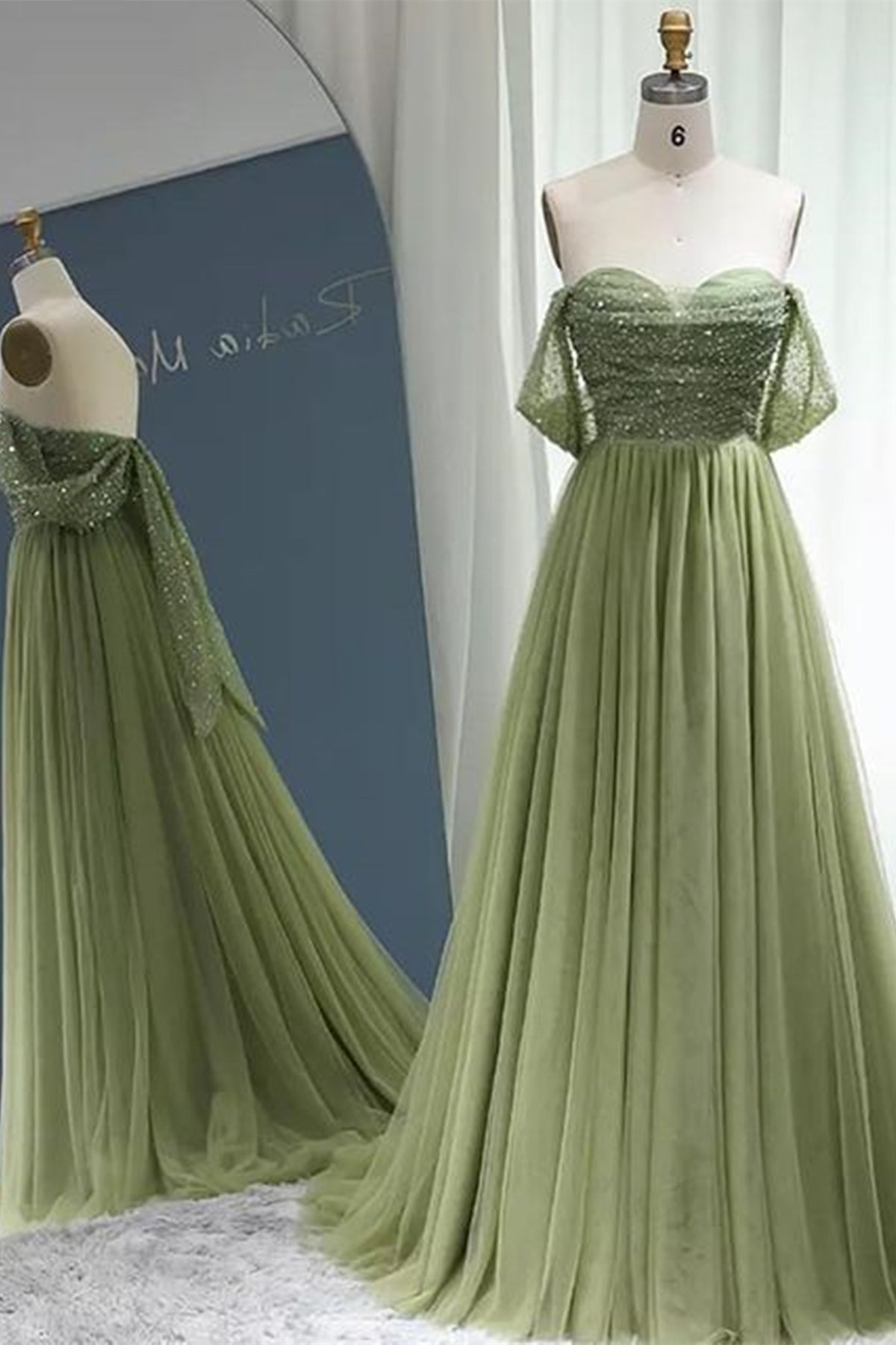 Off the Shoulder Beaded Green Tulle Long Prom Dress, Off Shoulder Green Formal Dress, Beaded Green Evening Dress