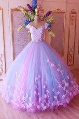 Robes de bal de robe de bal rose princesse rose et bleu avec des fleurs, robes quinceanera