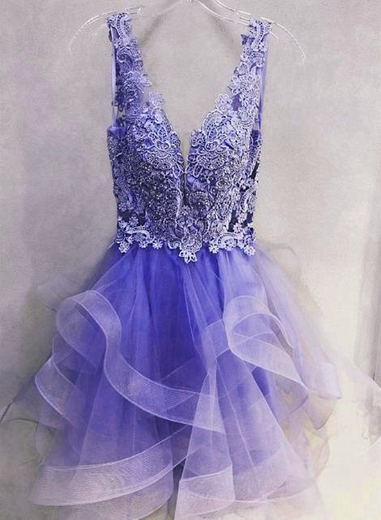 Purple Lace V-Neckline Short Homecoming Dress Outfits For Girls, Purple Short Prom Dress