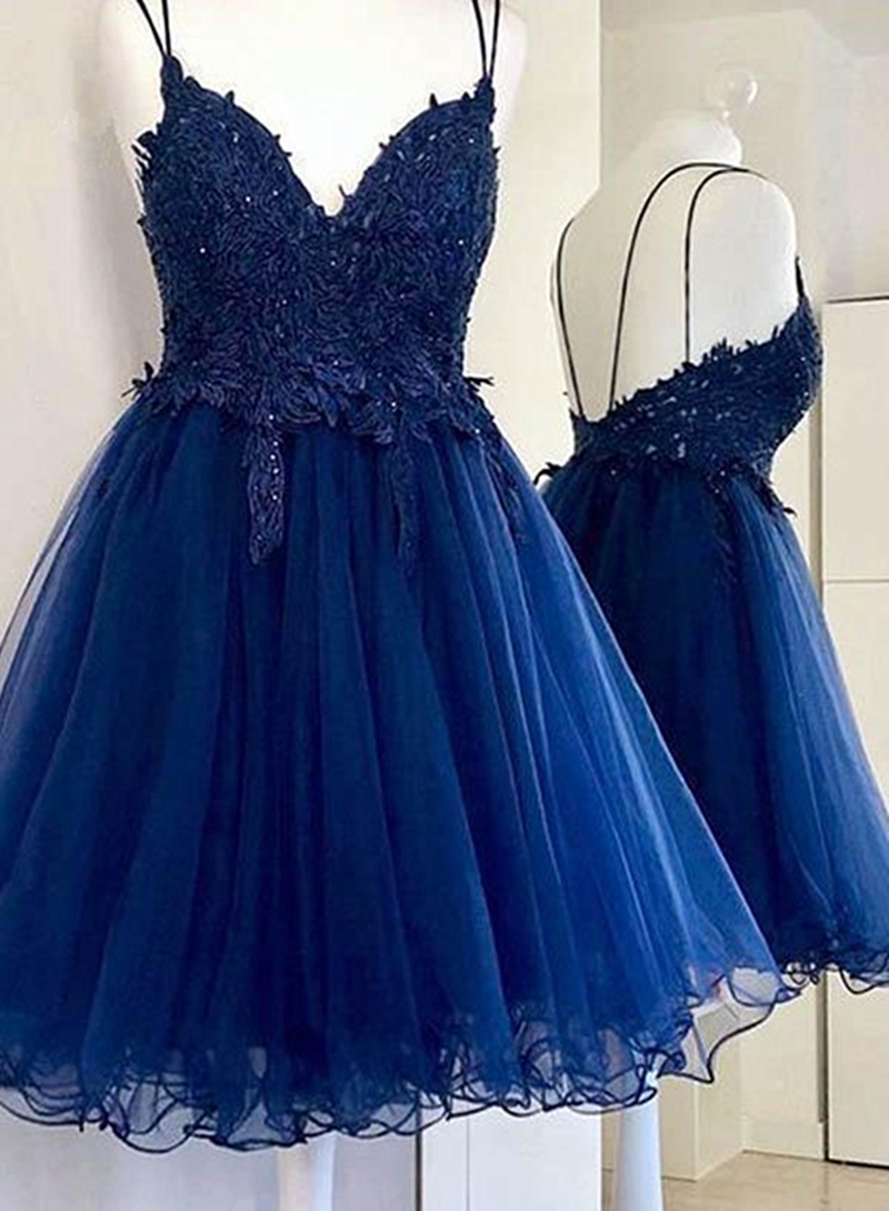Dark Blue V Neck Short Prom Dress Outfits For Women With Beads Appliques,Blue Homecoming Dress