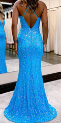 Charming Mermaid V Neck Blue Lace Sequins Long Prom Dresses