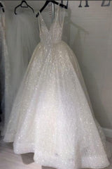 Shiny V Neck Backless Ivory Lace Wedding Dress, Ivory V Neck Lace Evening Formal Dress