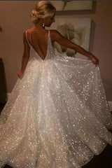 Shiny V Neck Backless Ivory Lace Wedding Dress, Ivory V Neck Lace Evening Formal Dress