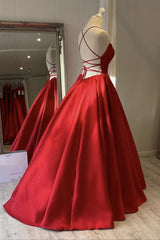 Simple Backless Red Satin Long Evening Dress, Backless Red Formal Dresses