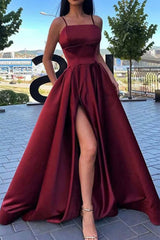 Simpel sort bordeaux rød satin lang aftenkjole med høj spalt sort bordeaux røde formelle prom kjoler