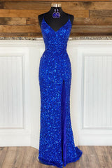 मरमेड स्पेगेटी स्ट्रैप्स रॉयल ब्लू सेक्विन लॉन्ग प्रोम ड्रेस