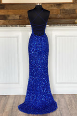 मरमेड स्पेगेटी स्ट्रैप्स रॉयल ब्लू सेक्विन लॉन्ग प्रोम ड्रेस