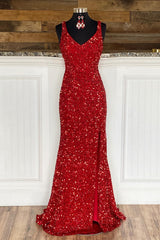 Kappe spaghetti stropper rød paljetter prom kjole med split front
