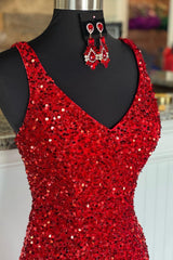 Оболонки спагетті -ремінці червоні блискітки випускна сукня з розділеним фронтом
