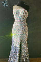 Silver Strappless Lace-Up Sequins Long Prom Vestido con Sendero