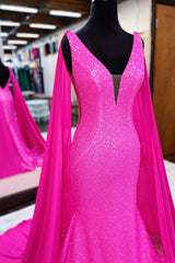 Hot pink havfrue prom kjole med watteau tog
