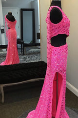Pink One Schulter Pailletten Promkleid mit Schlitz