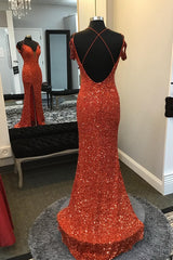 Oranje sprankelende spaghetti banden pailletten lange prom -jurk met spleet