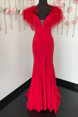 Красная русалка длинное выпускное платье с перьями