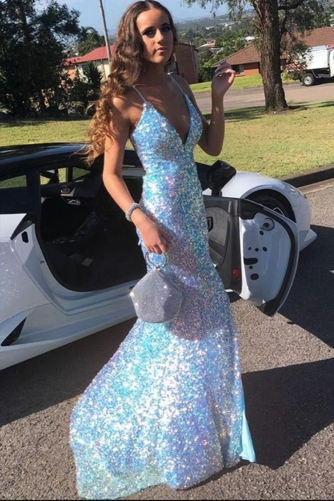 White Sequins Mermaid V Neck Sparkly Prom Evening Dresses Maxi Dress