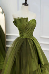 A Line Asymmetrical Strapless Green Long Prom Dress Outfits For Women with Ruffles