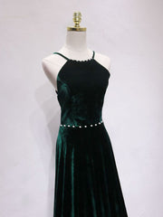 A-Line Backless Green Velvet Long Prom Dresses For Black girls For Women, Green Formal Evening Dresses