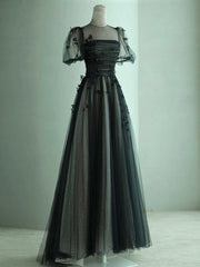 A-Line Black Puff Sleeves Tulle Long Prom Dress Outfits For Girls, Black Formal Evening Dress