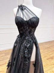 A-Line Black Tulle Lace Long Prom Dress Outfits For Girls, Black Formal Graduation Dress
