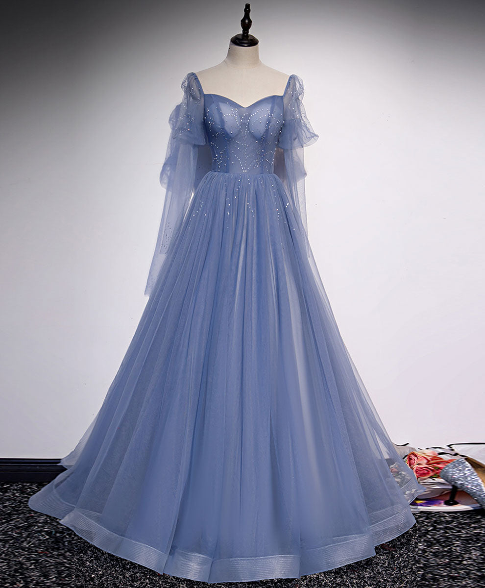 A line Blue Long Prom Dress Outfits For Girls, Blue Formal Graduation Dress Outfits For Women with Beading