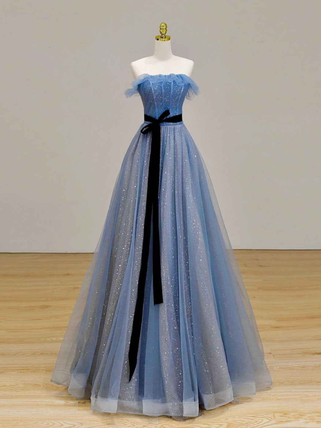 A-Line Blue Long Prom Dress Outfits For Girls, Tulle Sequin Long Blue Formal Evening Dress
