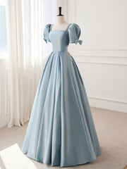 A-Line Blue Satin Puffy Sleeve Long Prom Dress Outfits For Girls, Blue Formal Dresses