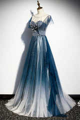 A-line Blue Tulle Long Beaded Prom Dress Outfits For Girls, A-Line Formal Evening Dress