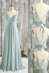 A-Line Chiffon Lace Long Prom Dress Outfits For Girls, Green Spaghetti Strap Backless Evening Dress