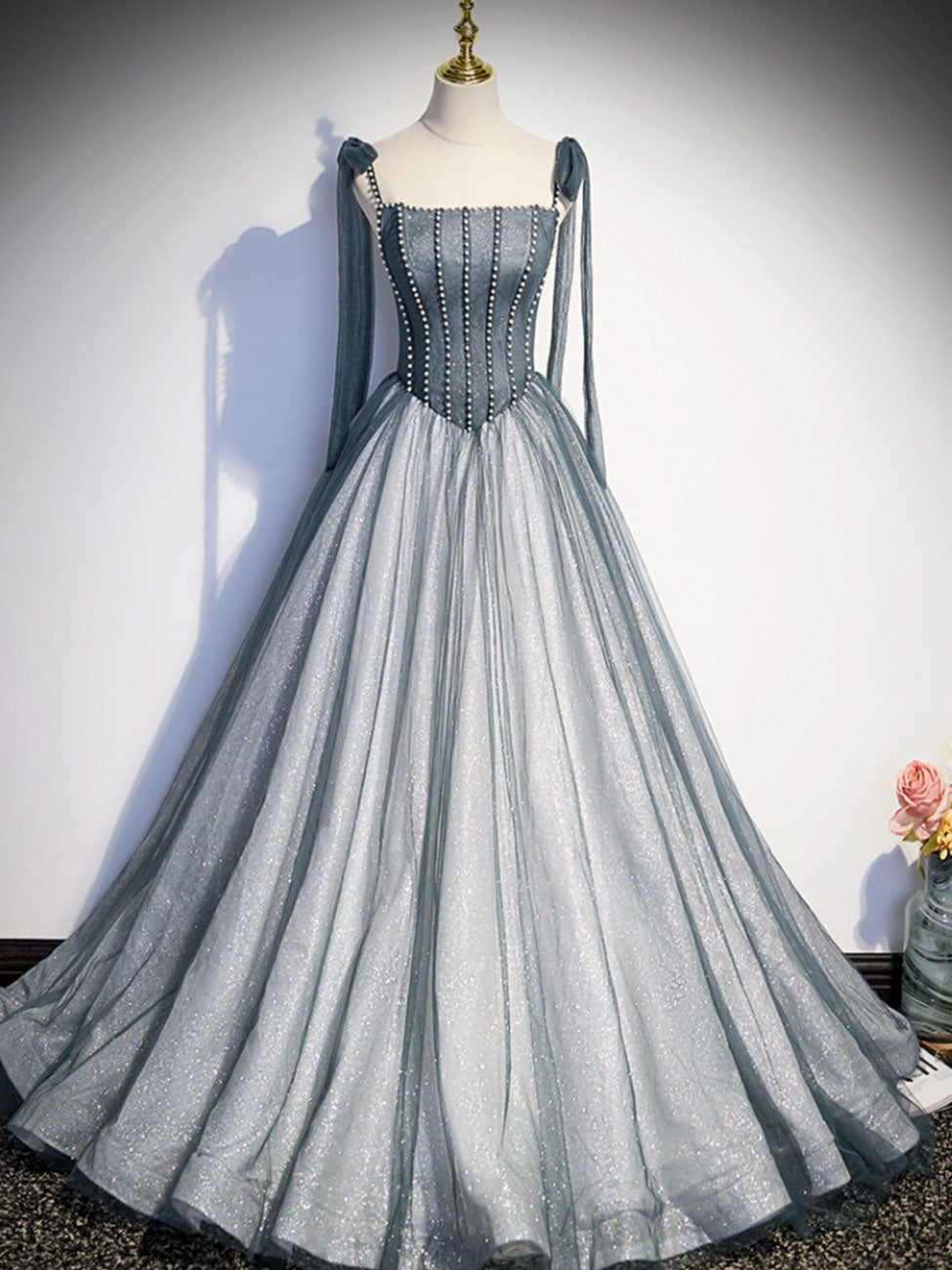 A Line Gray Long Prom Dresses For Black girls For Women, Tulle Gray Formal Graduation Dress Outfits For Women with Beading
