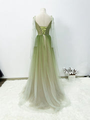 A-line Green Gradient Puffy Sleeves Tulle Long Party Dress Outfits For Girls, Green Long Prom Dress