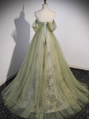 A Line Green Tulle Long Prom Dress Outfits For Girls, Green Formal Evening Dress Outfits For Women with Beading