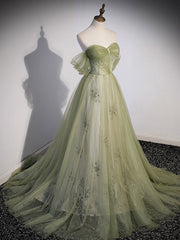 A Line Green Tulle Long Prom Dress Outfits For Girls, Green Formal Evening Dress Outfits For Women with Beading