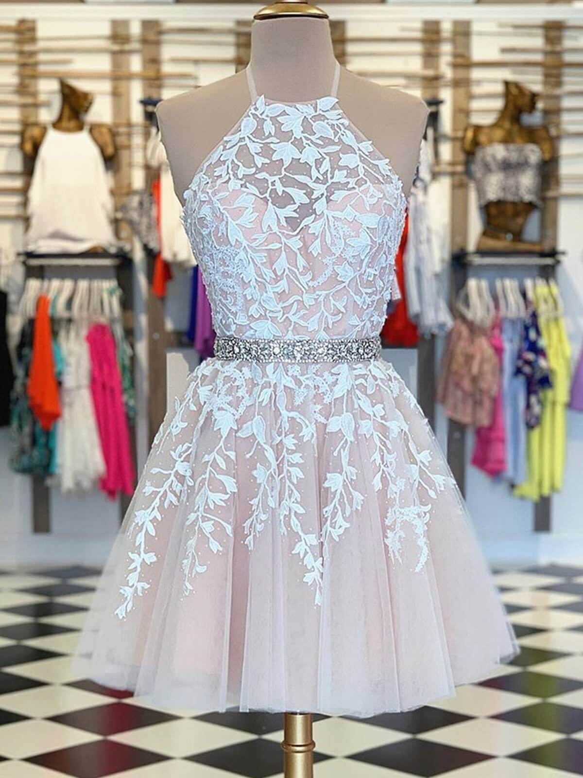 A Line Halter Neck Short Champagne Lace Prom Dresses For Black girls For Women,Lace Formal Homecoming Dress