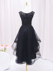 A-Line Lace Tulle Black Short Prom Dress Outfits For Girls, High Low Black Homecoming Dress