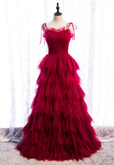 A-Line Long Spaghetti Strap Red Prom Dresses For Black girls For Women,Black Layers Tulle Evening Dress