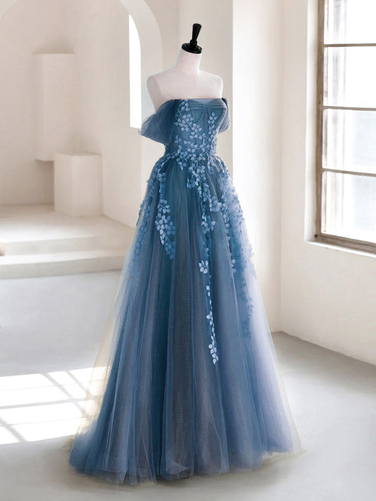 A-line Off Shoulder Gray Blue Tulle Long Prom Dress Outfits For Girls, Gray Blue Long Formal Dress