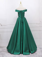 A-Line Off Shoulder Green Satin Long Prom Dresses For Black girls For Women, Green Evening Dresses