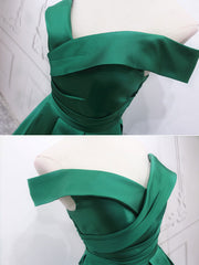 A-Line Off Shoulder Green Satin Long Prom Dresses For Black girls For Women, Green Evening Dresses