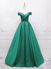 A-Line Off Shoulder Green Satin Long Prom Dresses For Black girls For Women, Green Evening Dresses