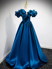 A-Line Off Shoulder Satin Blue Long Prom Dress Outfits For Girls, Blue Evening Dresses