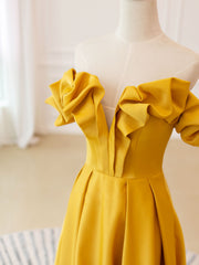 A-Line Off Shoulder Satin Yellow Long Prom Dress Outfits For Girls, Yellow Formal Evening Dress