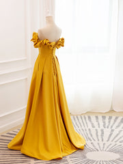 A-Line Off Shoulder Satin Yellow Long Prom Dress Outfits For Girls, Yellow Formal Evening Dress