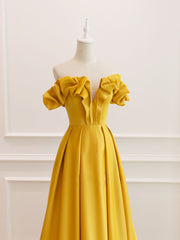 A-Line Off Shoulder Satin Yellow Long Prom Dress Outfits For Girls, Yellow Formal Evening Dress