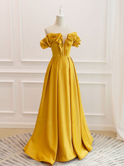 A-Line Off Shoulder Satin Yellow Long Prom Dress Outfits For Girls, Yellow Formal Evening Dress