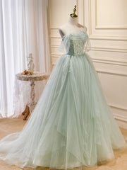 A-Line Off Shoulder Tulle Green Long Prom Dresses For Black girls For Women, Green Formal Dress Outfits For Women with Beading