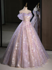 A-Line Off Shoulder Tulle Lace Purple Long Prom Dress Outfits For Girls, Purple Formal Dress