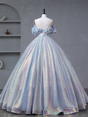 A-Line Off Shoulder Tulle Sequin Blue Purple Long Prom Dress Outfits For Girls, Sequin Formal Dress