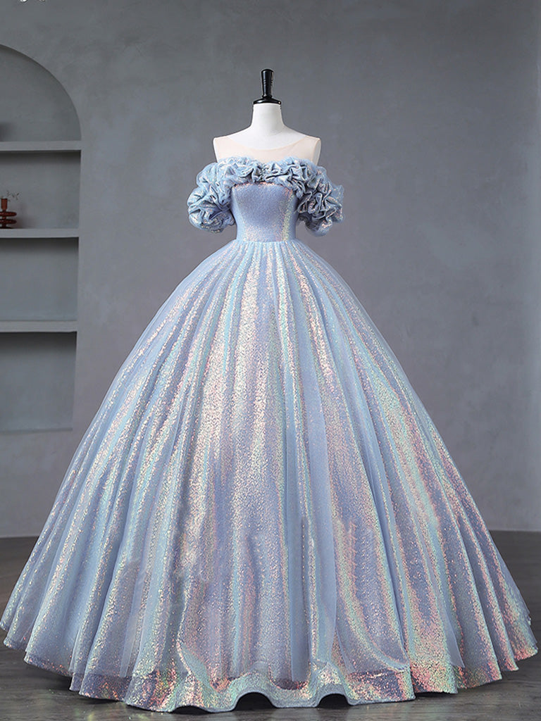A-Line Off Shoulder Tulle Sequin Blue Purple Long Prom Dress Outfits For Girls, Sequin Formal Dress